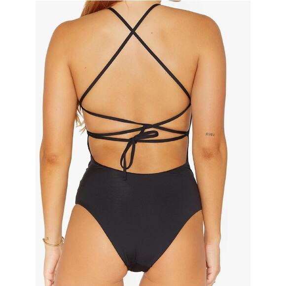 Hurley Black Solid One-Piece Swimsuit lace up open back white logo Medium NWT - Picture 3 of 8